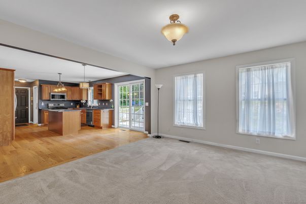Empty room, Interior, Kitchen, Stainless Steel Appliances, Wood Texture Flooring