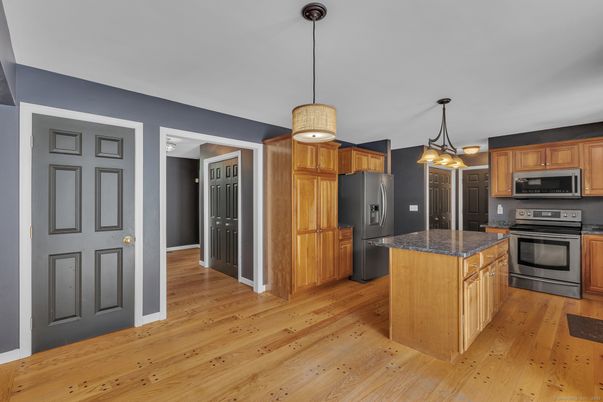 Interior, Kitchen, Pendant Lights, Stainless Steel Appliances, Wood Texture Flooring