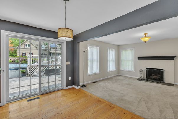 Empty room, Fireplace, Interior, Pendant Lights, Wood Texture Flooring