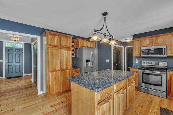 Chandelier, Interior, Kitchen, Pendant Lights, Stainless Steel Appliances, Wood Texture Flooring