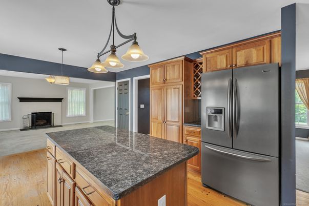 Fireplace, Interior, Kitchen, Pendant Lights, Wood Texture Flooring