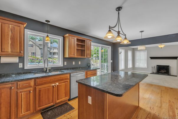 Fireplace, Interior, Kitchen, Pendant Lights, Wood Texture Flooring