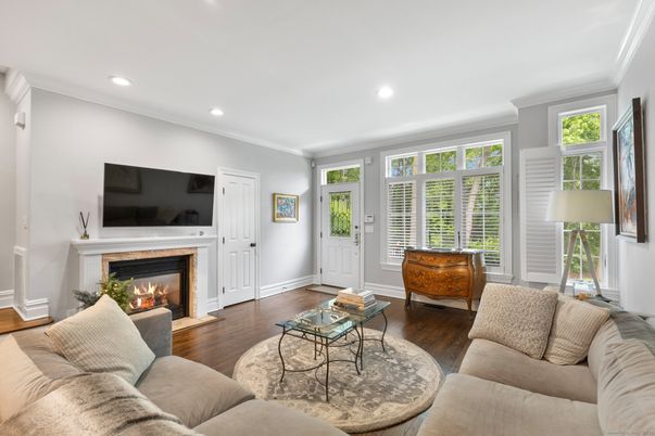Fireplace, Interior, Living room, Recessed Lighting, Wood Texture Flooring