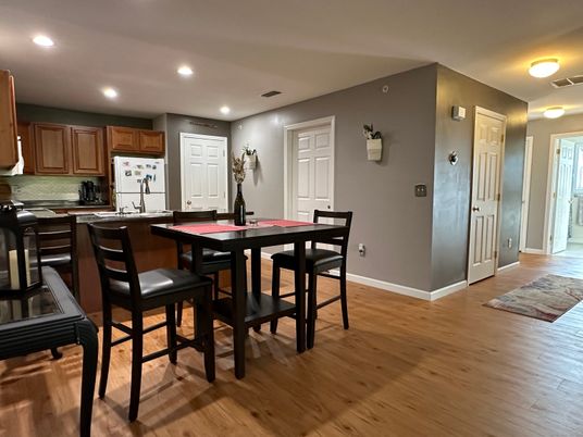 Dining room, Interior, Kitchen, Recessed Lighting, Wood Texture Flooring