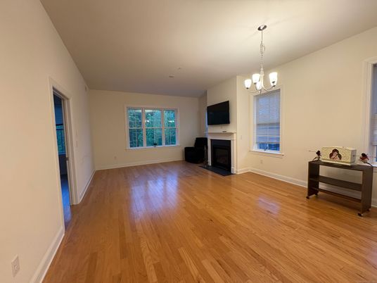 Chandelier, Empty room, Fireplace, Interior, Wood Texture Flooring
