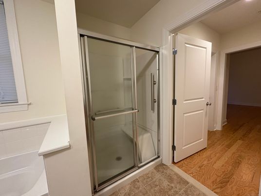 Bathroom, Glass Shower, Interior, Wood Texture Flooring