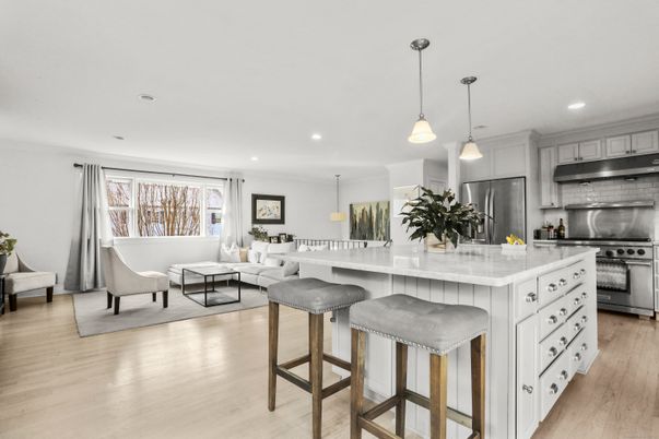 Interior, Kitchen, Living room, Pendant Lights, Recessed Lighting, Stainless Steel Appliances, Wood Texture Flooring
