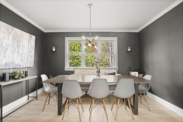 Dining room, Interior, Pendant Lights, Wood Texture Flooring