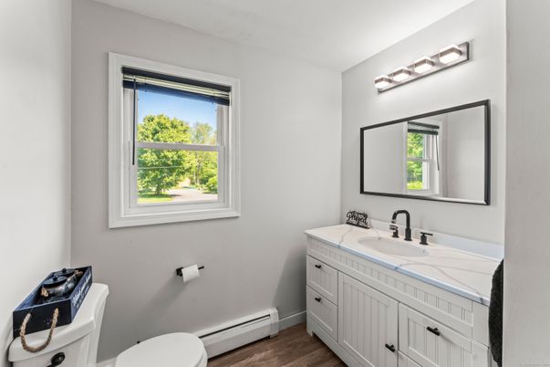 Bathroom, Interior, Tile Countertops, Wood Texture Flooring