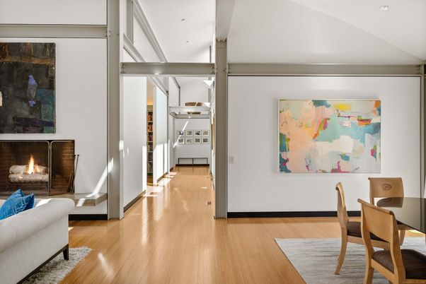 Dining room, Fireplace, Interior, Recessed Lighting, Wood Texture Flooring