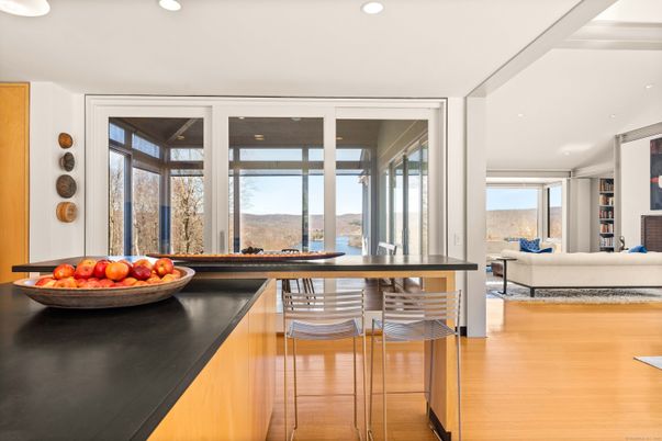 Dining room, Interior, Living room, Recessed Lighting, Water, Wood Texture Flooring