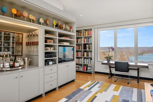 Home Office, Interior, Recessed Lighting, Water, Wood Texture Flooring