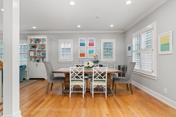 Dining room, Interior, Recessed Lighting, Wood Texture Flooring