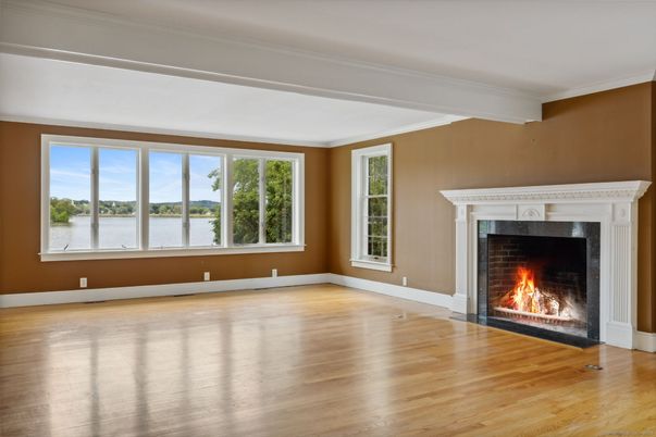 Empty room, Fireplace, Interior, Water, Wood Texture Flooring