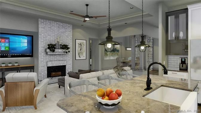 Dining room, Fireplace, Interior, Kitchen, Living room, Pendant Lights, Recessed Lighting, Stone Walls