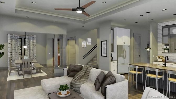 Dining room, Interior, Kitchen, Pendant Lights, Recessed Lighting, Wood Texture Flooring