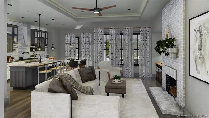 Dining room, Fireplace, Interior, Kitchen, Living room, Pendant Lights, Recessed Lighting, Stone Walls, Wood Texture Flooring