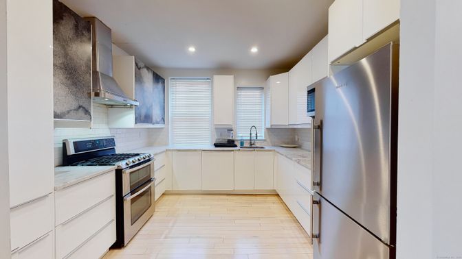 Interior, Kitchen, Recessed Lighting, Stainless Steel Appliances, Wood Texture Flooring