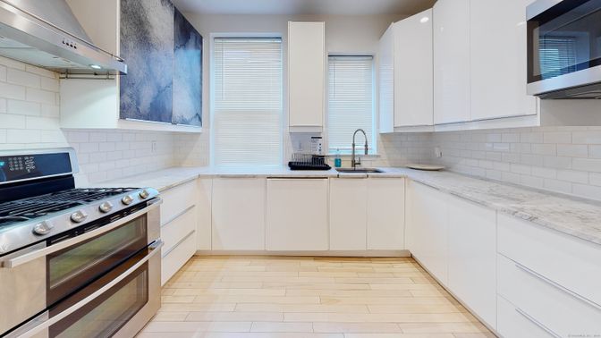 Interior, Kitchen, Recessed Lighting, Stainless Steel Appliances, Wood Texture Flooring