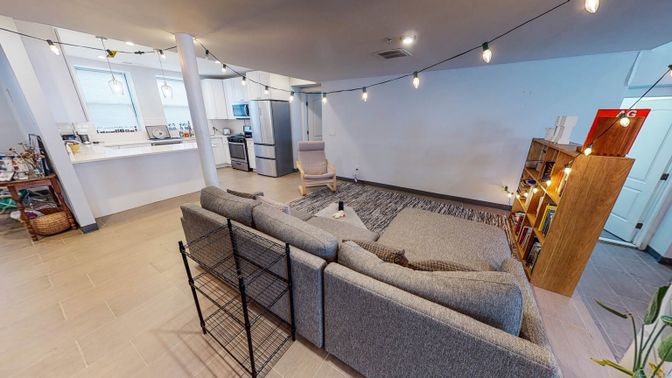 Interior, Kitchen, Living room, Pendant Lights, Wood Texture Flooring