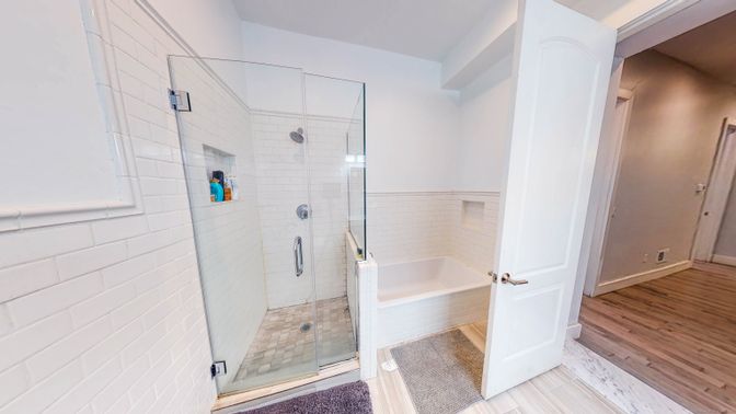 Bathroom, Glass Shower, Interior, Wood Texture Flooring