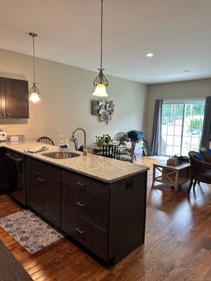 Dining room, Interior, Kitchen, Pendant Lights, Recessed Lighting, Wood Texture Flooring