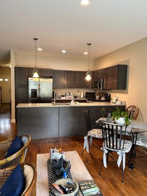 Dining room, Interior, Kitchen, Pendant Lights, Recessed Lighting, Stainless Steel Appliances, Wood Texture Flooring