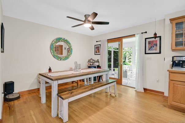 Dining room, Interior, Pendant Lights, Wood Texture Flooring