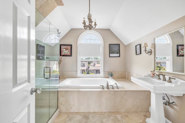 Bathroom, Glass Shower, Interior, Pendant Lights