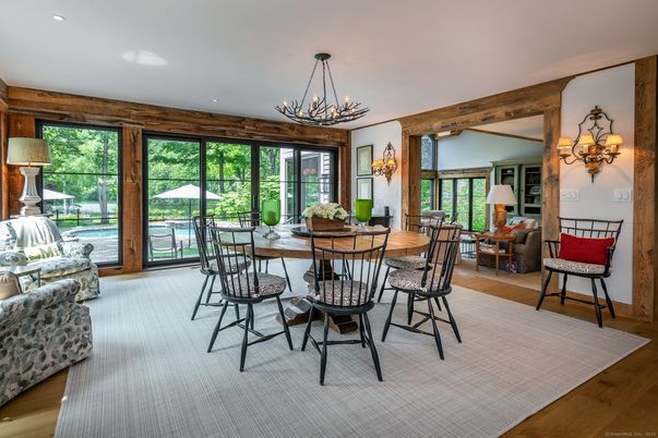 Chandelier, Dining room, Interior, Living room, Recessed Lighting, Wooden Beams, Wood Texture Flooring