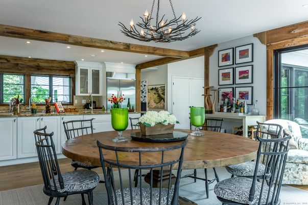Chandelier, Dining room, Interior, Kitchen, Recessed Lighting, Wooden Beams, Wood Texture Flooring
