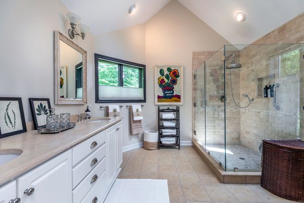 Bathroom, Dual Sink Vanities, Glass Shower, Interior, Recessed Lighting