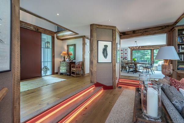 Dining room, Interior, Pendant Lights, Recessed Lighting, Wood Texture Flooring