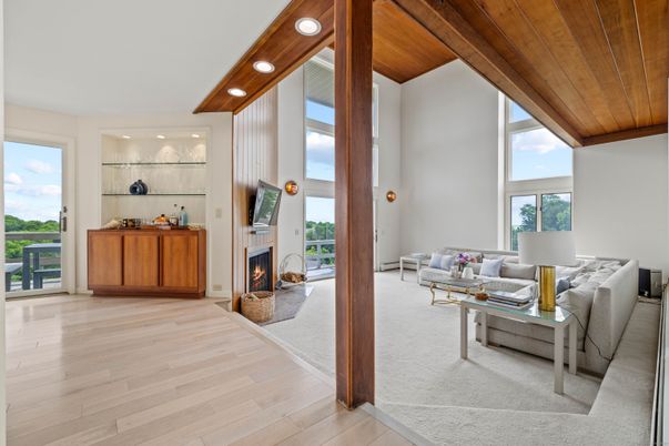 Fireplace, Interior, Living room, Recessed Lighting, Wooden Ceilings, Wood Texture Flooring