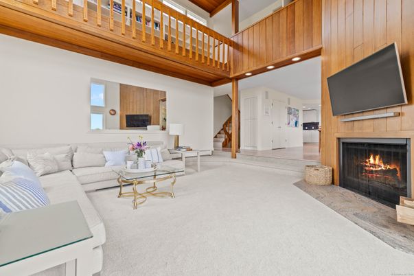 Fireplace, Interior, Living room, Recessed Lighting, Wooden Walls