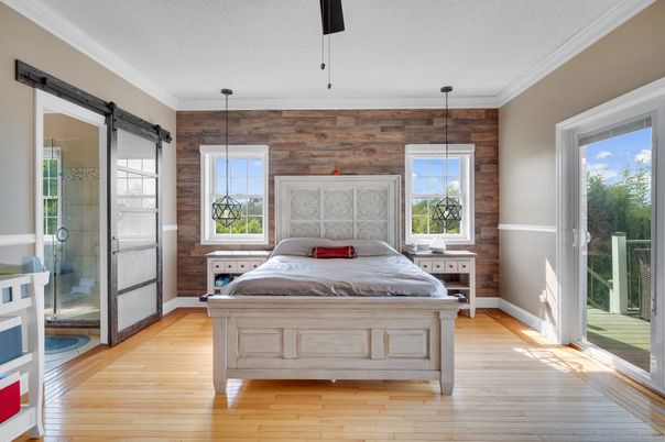 Bedroom, Interior, Pendant Lights, Wood Texture Flooring, Wooden Walls