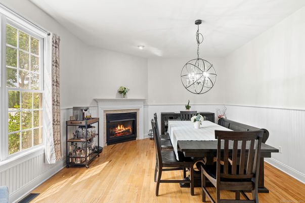 Dining room, Fireplace, Interior, Pendant Lights, Recessed Lighting, Wood Texture Flooring