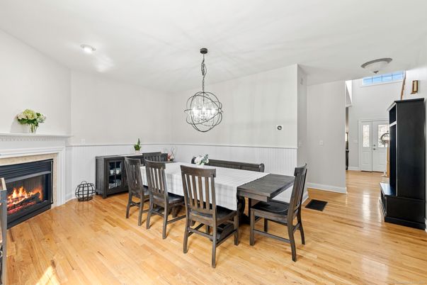 Dining room, Fireplace, Interior, Pendant Lights, Wood Texture Flooring