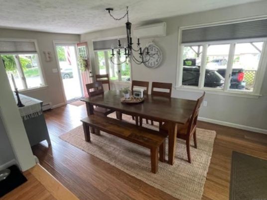 Chandelier, Dining room, Interior, Wood Texture Flooring