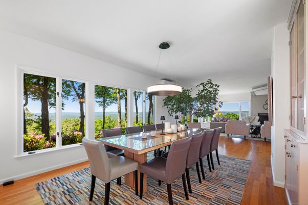 Dining room, Interior, Pendant Lights, Water, Wood Texture Flooring