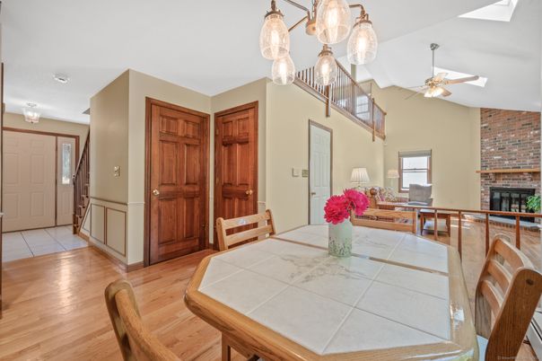 Dining room, Fireplace, Interior, Stone Walls, Wood Texture Flooring