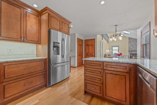 Chandelier, Interior, Kitchen, Pendant Lights, Recessed Lighting, Wood Texture Flooring