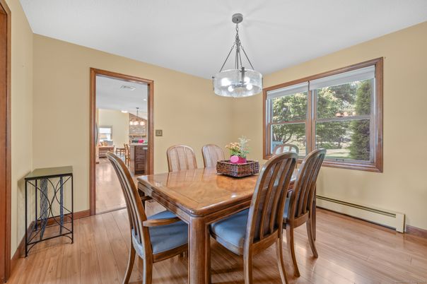 Dining room, Interior, Pendant Lights, Wood Texture Flooring