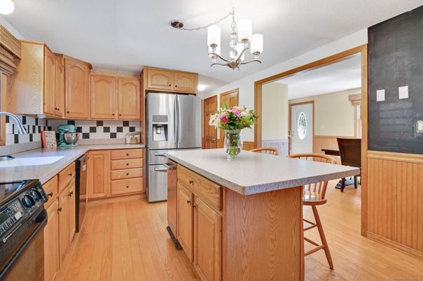 Chandelier, Interior, Kitchen, Stainless Steel Appliances, Wood Texture Flooring