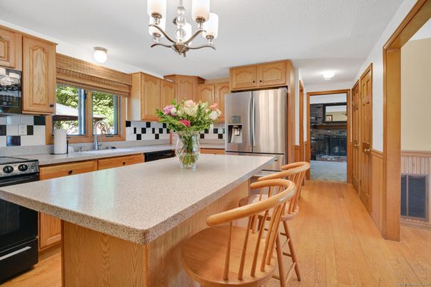 Chandelier, Interior, Kitchen, Stainless Steel Appliances, Wood Texture Flooring