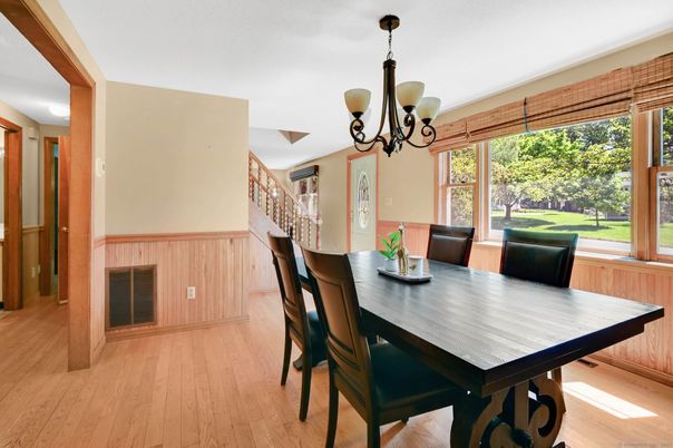 Chandelier, Dining room, Interior, Wood Texture Flooring