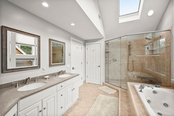 Bathroom, Dual Sink Vanities, Glass Shower, Interior, Recessed Lighting