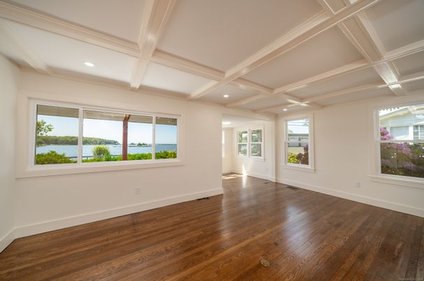 Empty room, Interior, Recessed Lighting, Water, Wood Texture Flooring