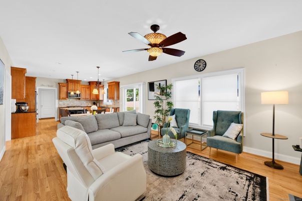 Dining room, Interior, Kitchen, Living room, Pendant Lights, Stainless Steel Appliances, Wood Texture Flooring