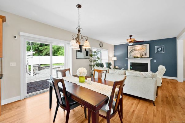 Dining room, Fireplace, Interior, Living room, Pendant Lights, Wood Texture Flooring